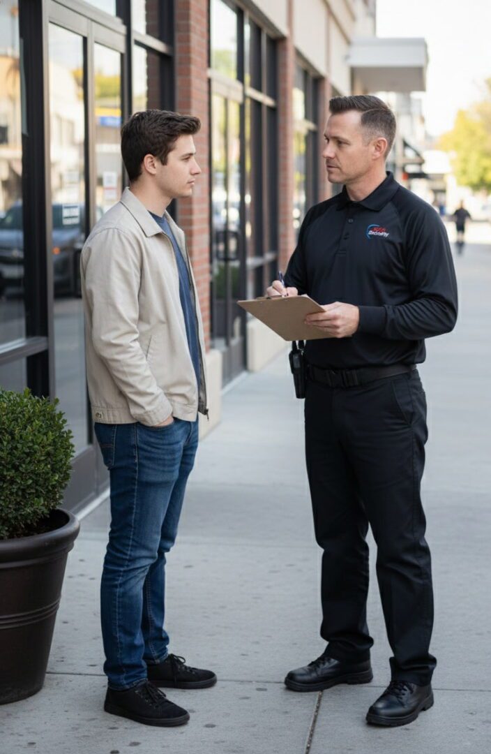 Security officer writing on clipboard while questioning man